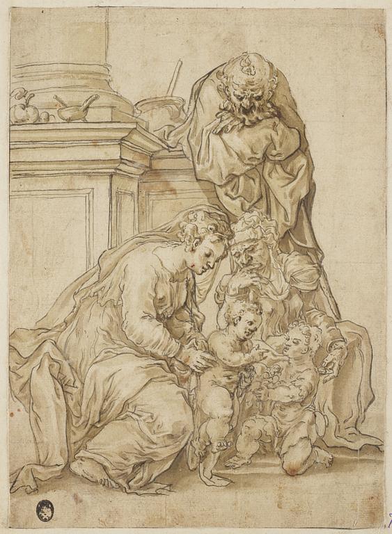 MARTEN DE VOS, hans krets. Osignerad. Bild 24 x 17,5 cm (Uppklistrad på papper 47,5 x 35 cm).