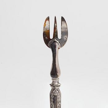 Ostrongafflar, 12 st, silver, stämplade PDR med stjärna, fransk exportstämpel.