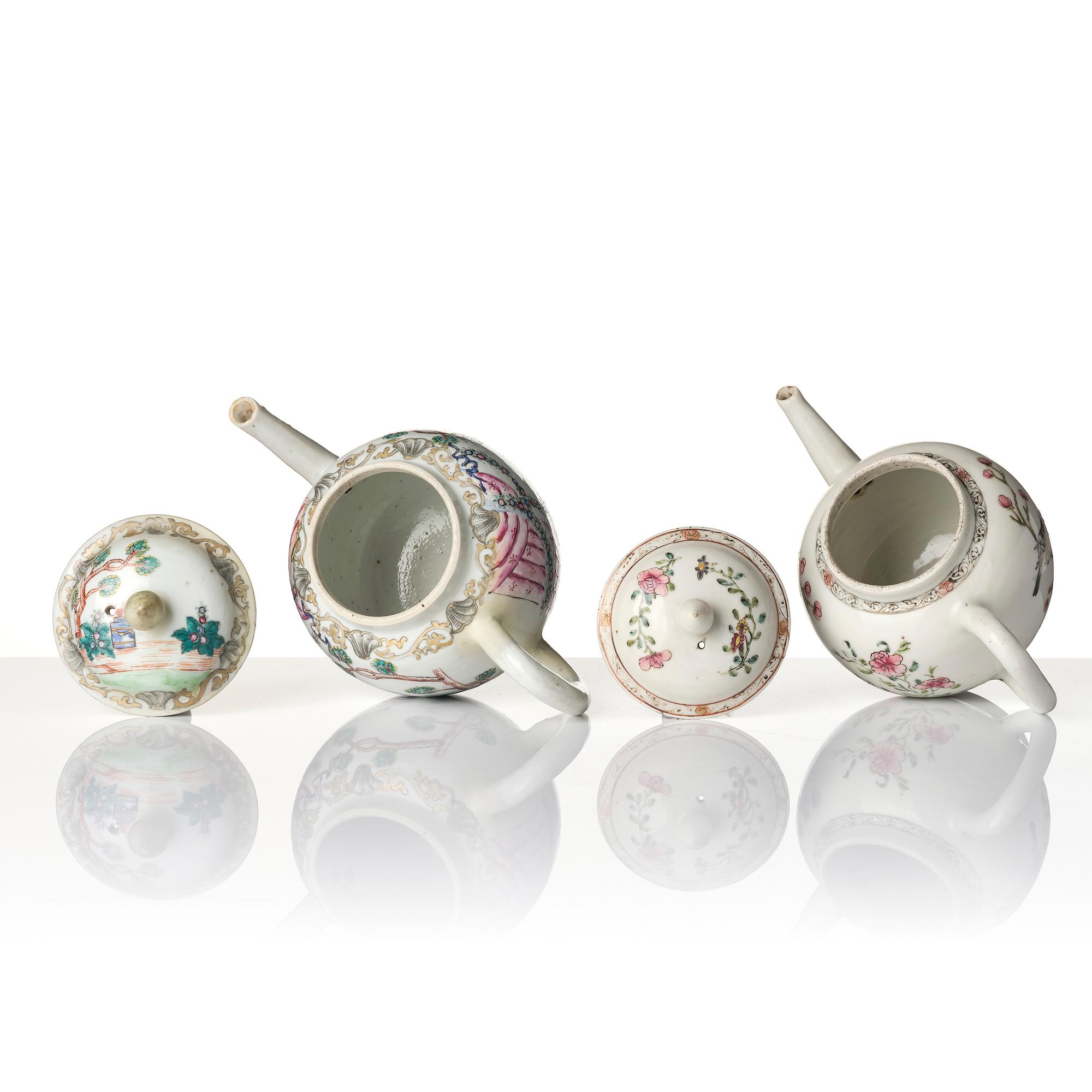 Two famille rose tea pots with covers, Qing dynasty, 18th century.