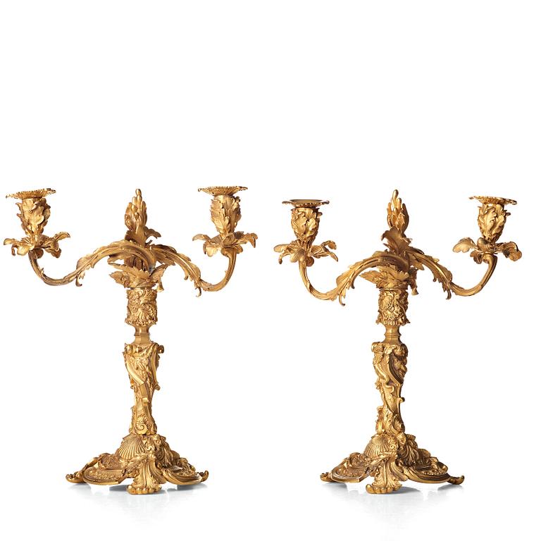 A pair of Neo-Rococo 1840's two-light gilt bronze candelabra.