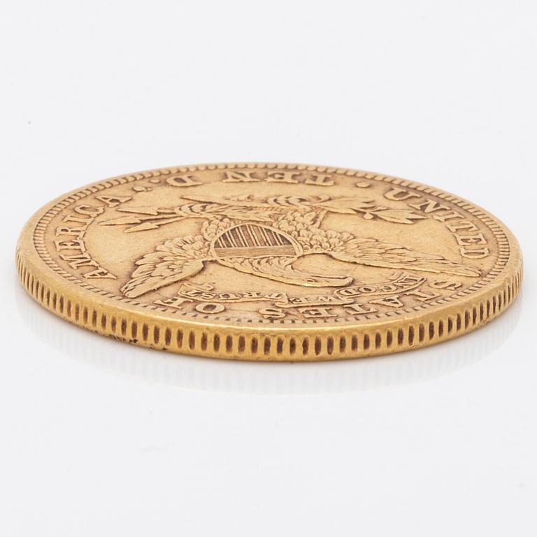 A 10 dollars Liberty Head gold coin from USA, 1881.