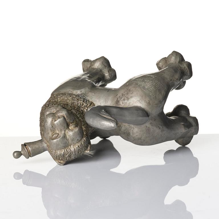 Anna Petrus, a pewter jug in the shape of a standing lion, Herman Bergman konstgjuteri, Stockholm, 1920s.