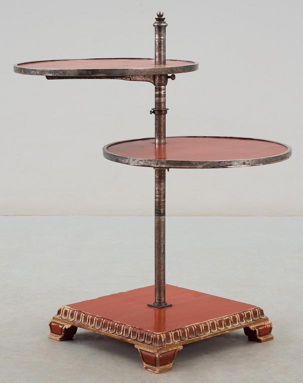 An Axel-Einar Hjorth red lacquer table 'Åbo' on a silver plated brass leg, Nordiska Kompaniet (NK) 1929-30.