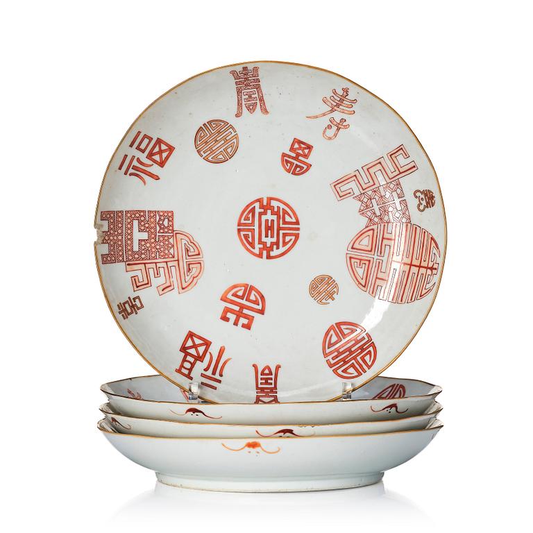 A group of four iron red 'Shou Character' plates, late Qing dynasty.