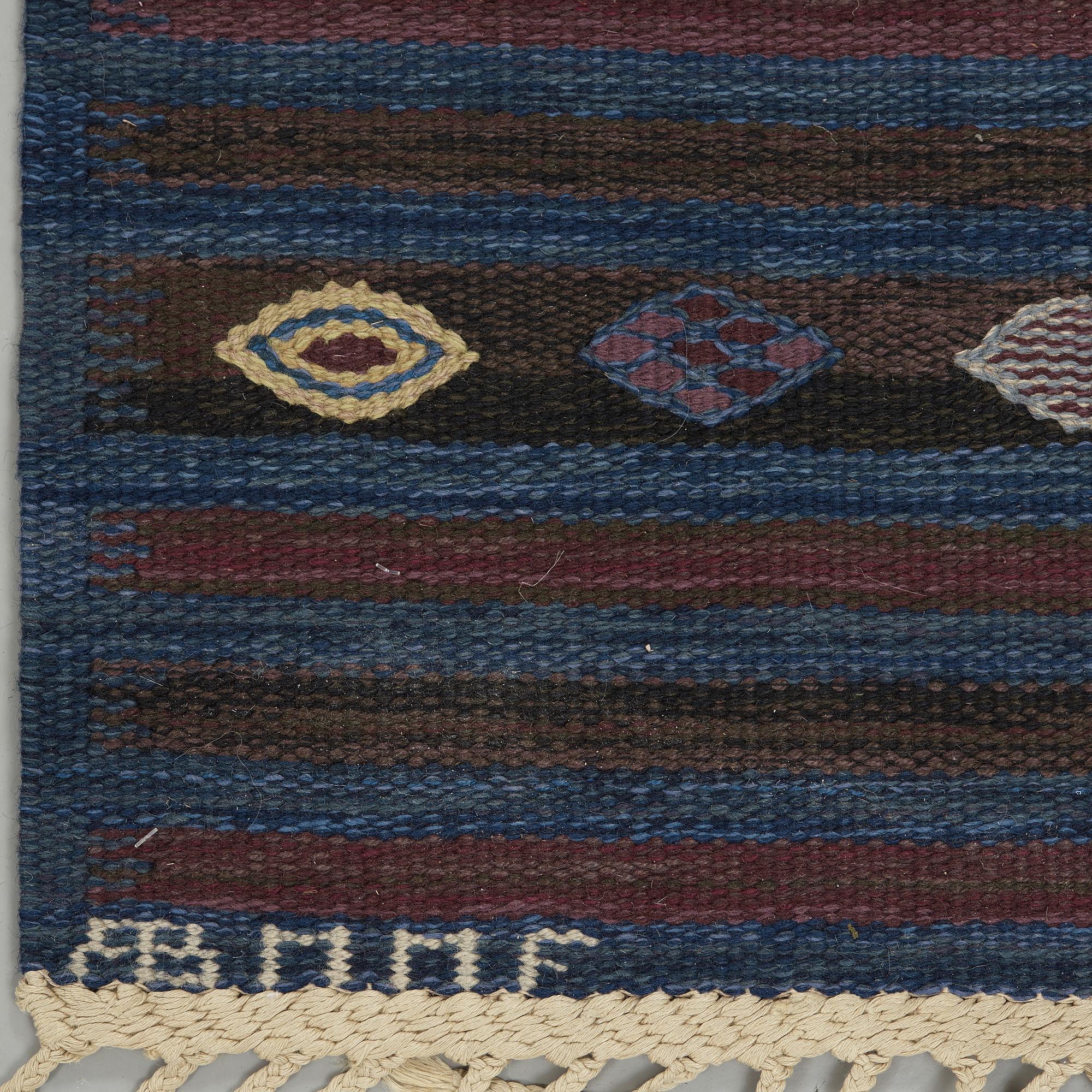 BARBRO NILSSON, carpets, 2 pieces, flat weave, 238,5 x 101 resp. 181,5 x 81 cm, "Blåbär, mörk", signed AB MMF BN.