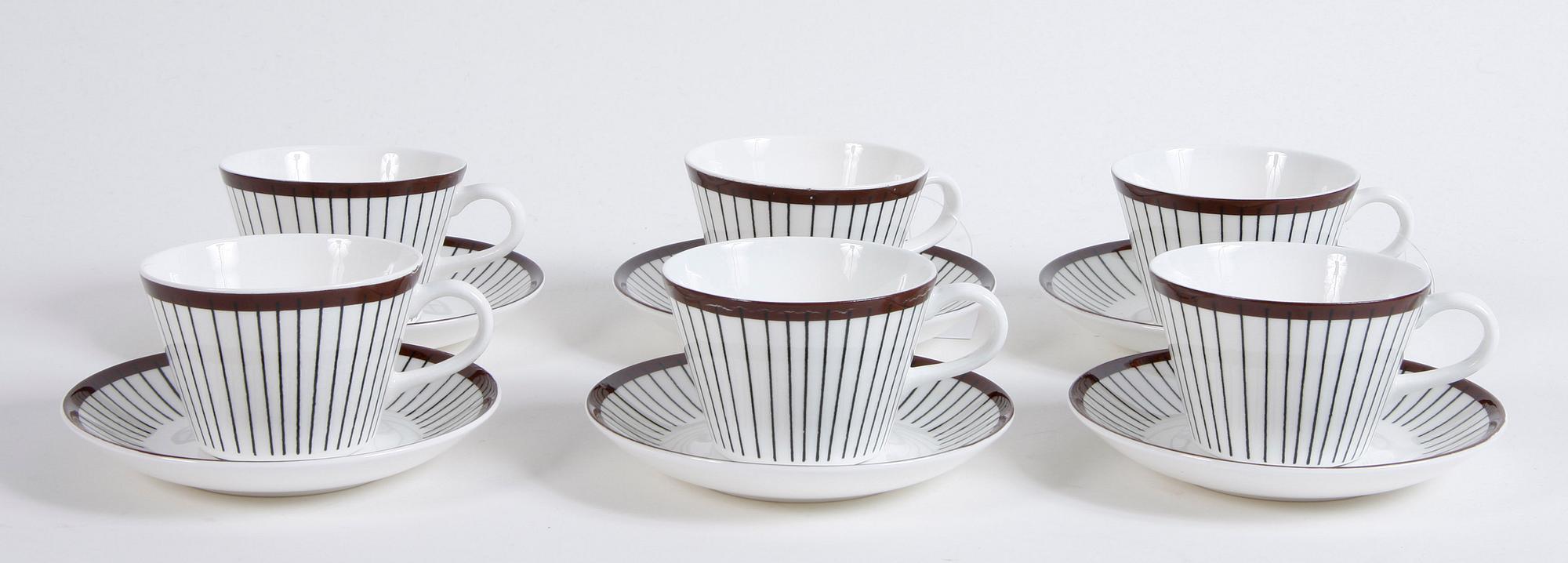 KAFFEKOPPAR MED FAT, 6 st, benporslin,  "Spisa ribb", Stig Lindberg, Gustavsberg, 2000-tal.