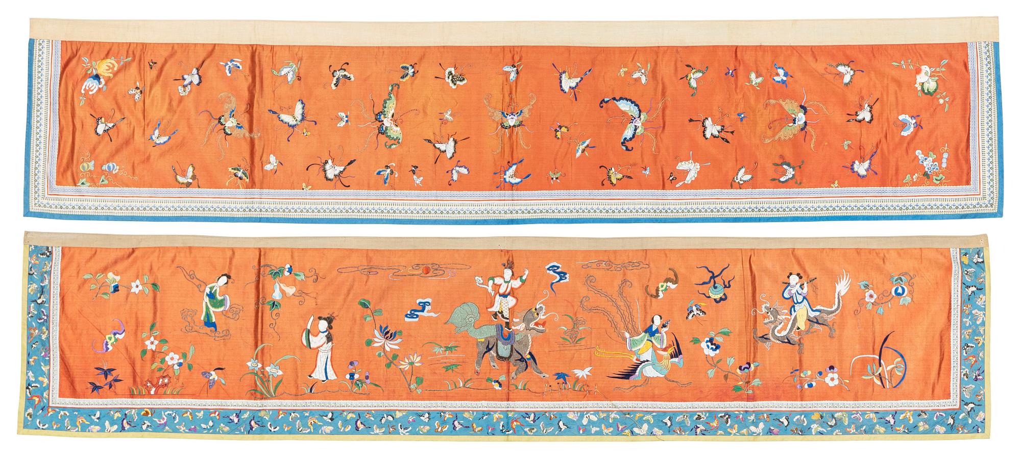 Two embroidered silk panels, Qing dynasty, circa 1900.