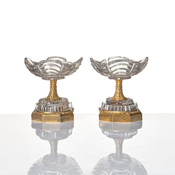 A pair of French Empire early 19th century gilt bronze and glass centre pieces.