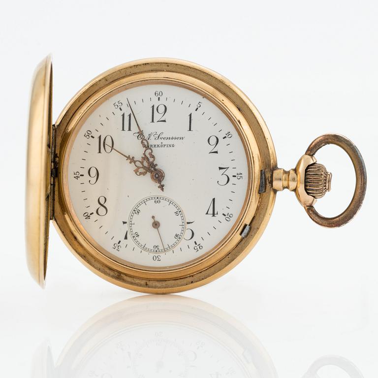 CN Svensson, Norrköping, pocket watch, 18K gold, hunter case, 53 mm.