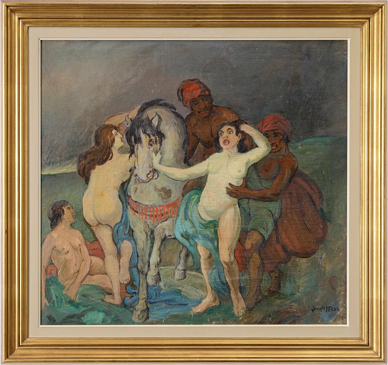 Figure scene with horse.