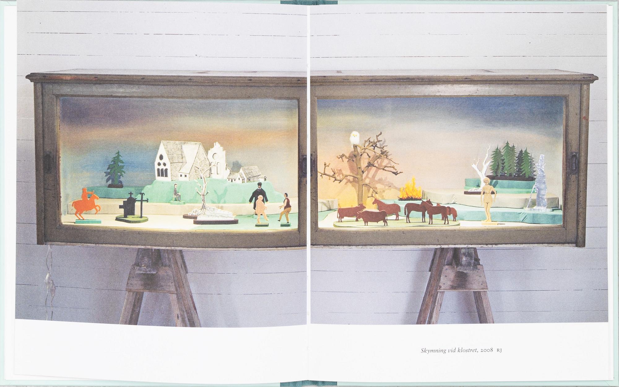 Richard Johansson, object/installation in a wooden cupboard, drawing, painting and mixed media, signed.