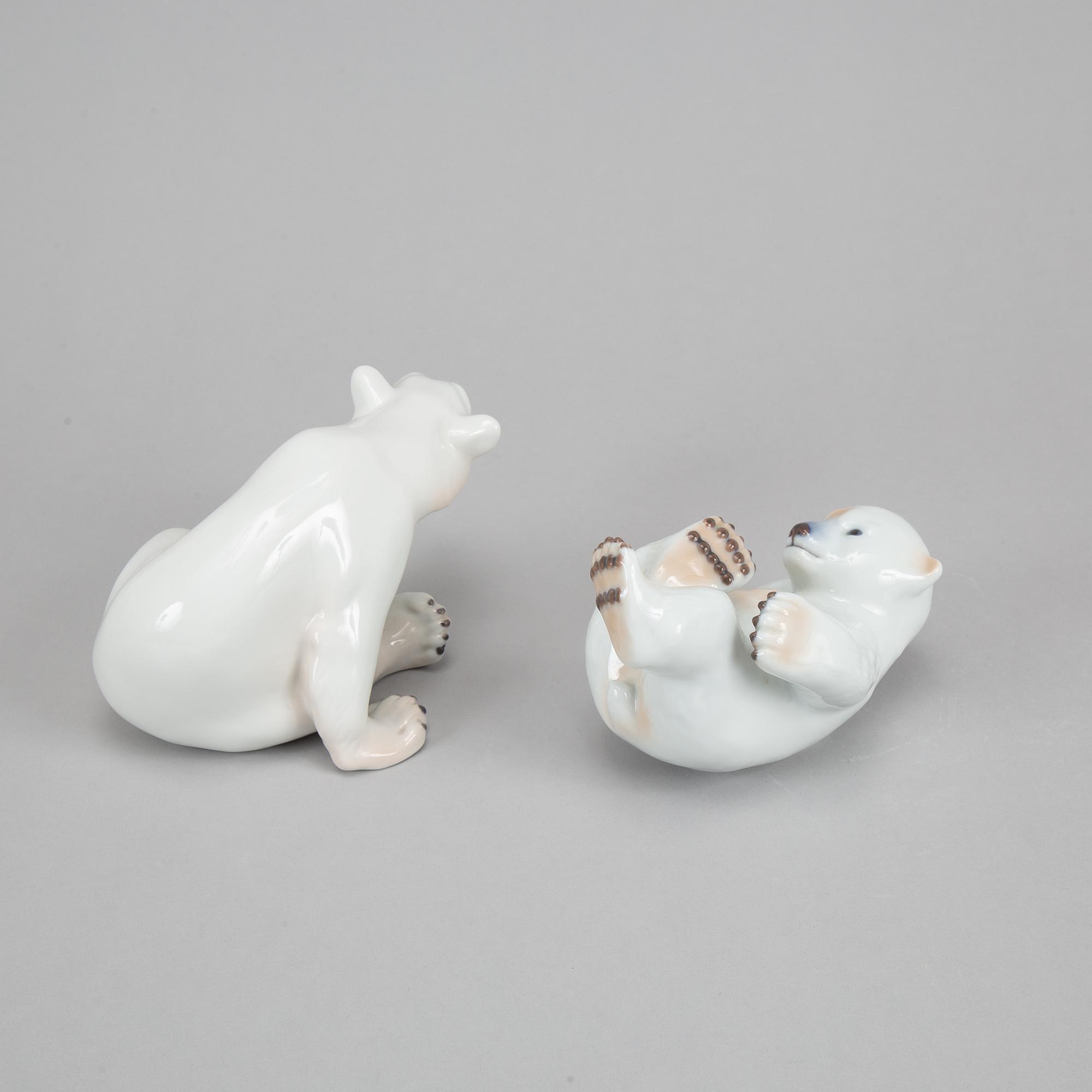 Royal Copenhagen, two porcelain polar bears, 537 and 1629, Denmark, 1985-2004.
