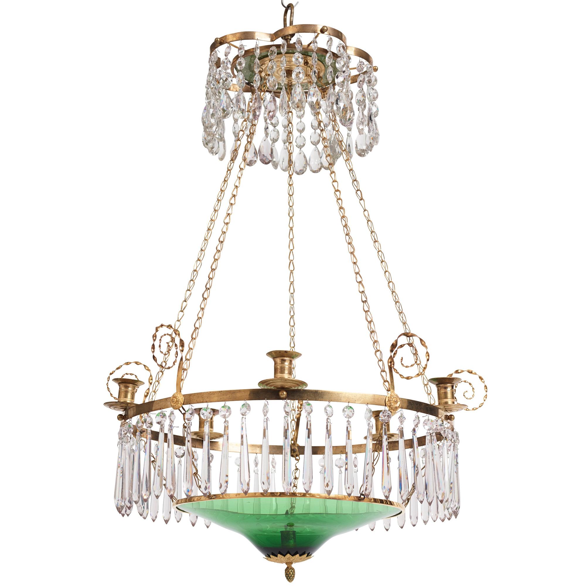 A late Gustavian gilt-brass and green glass six-light chandelier, late 18th century.