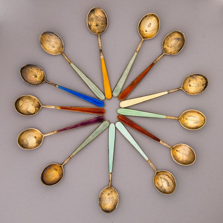 MOCCA SPOONS, 13 pcs, gilded silver 916 with enamel decorations, Tillander, Helsinki 1950-61.