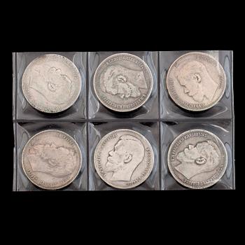 SILVERMYNT, 6 st, rubel, Ryssland, 1896-1899. Vikt ca 118 gram.