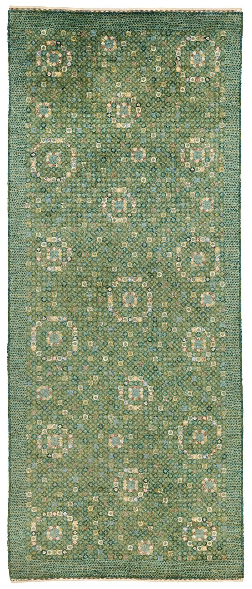Barbro Nilsson, matto, "Bankrabatten grön", knotted pile, ca 502-504 x 202,5-207 cm, signed AB MMF BN.