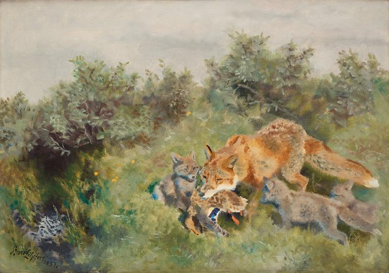 Bruno Liljefors, "Rävfamilj" (Fox family with prey).