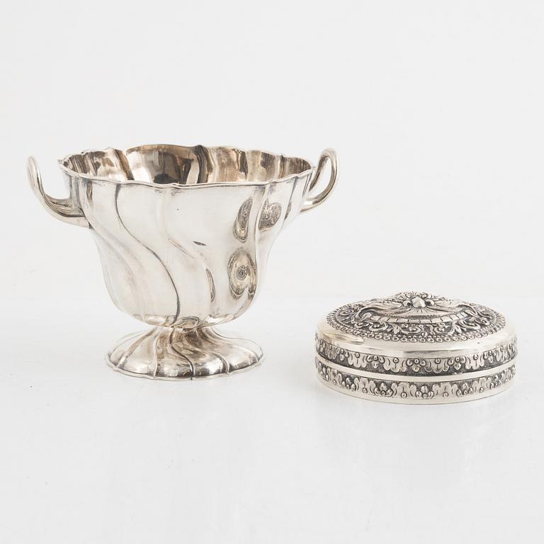 A silver bowl and a box with cover, inclduing Denmark, mid 20th Century.