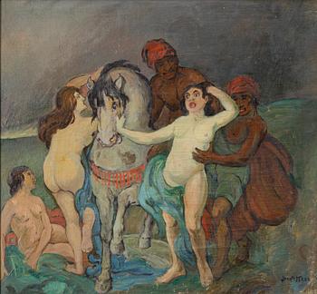 Figure scene with horse.