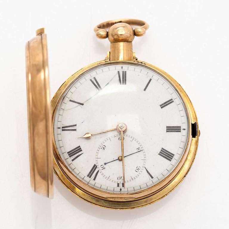 Taskukello, 52 mm, 18K kultaa, John Moncas, Liverpool, 1800-luvun ensimmäinen puolisko.