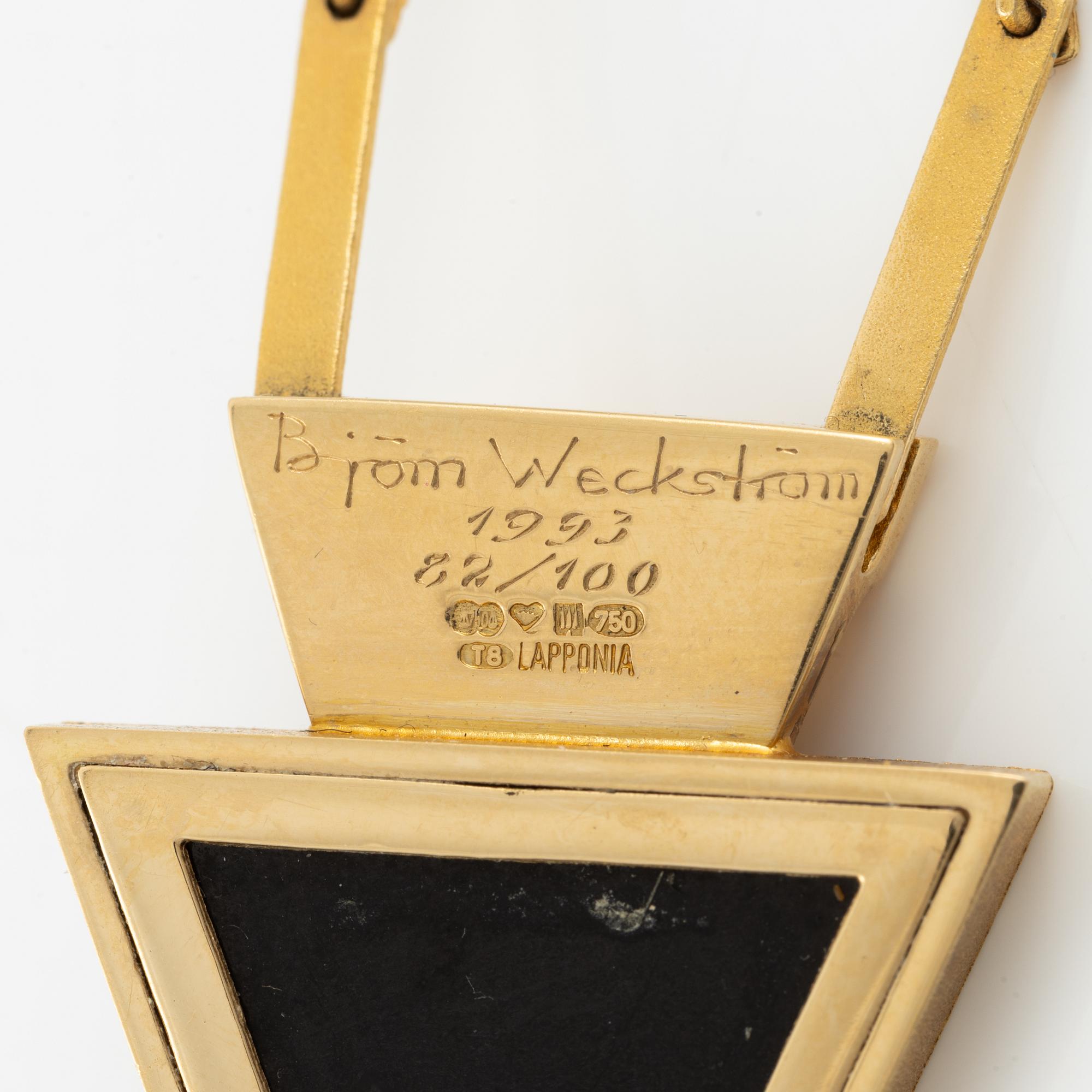 Björn Weckström, collier, 18K guld och platina med spektrolit, Finland 1996.
