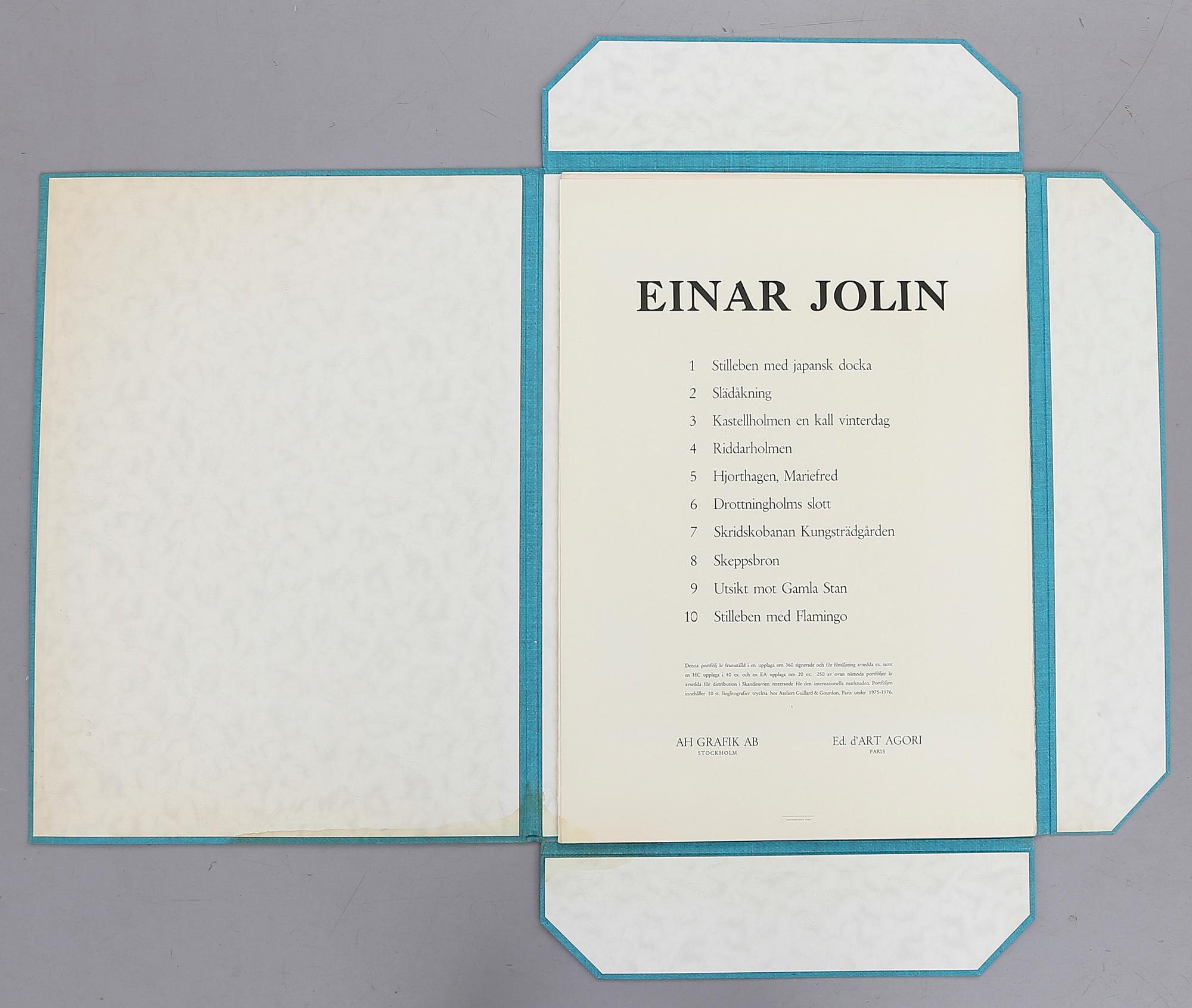 EINAR JOLIN, mapp, 10 st färglitografier, signerad och numrerade 339/360, AH Grafik AB Stockholm.