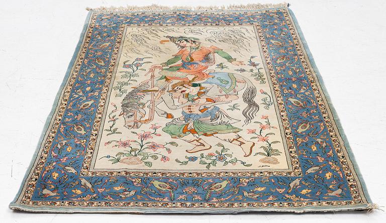 An Isfahan, figural rug, signed, c. 172 x 109 cm.