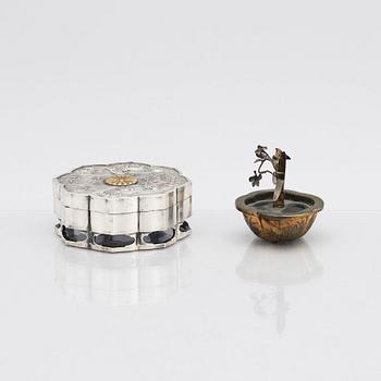 A Japanese silver box and a metal miniature tree, Meiji period (1868-1912).