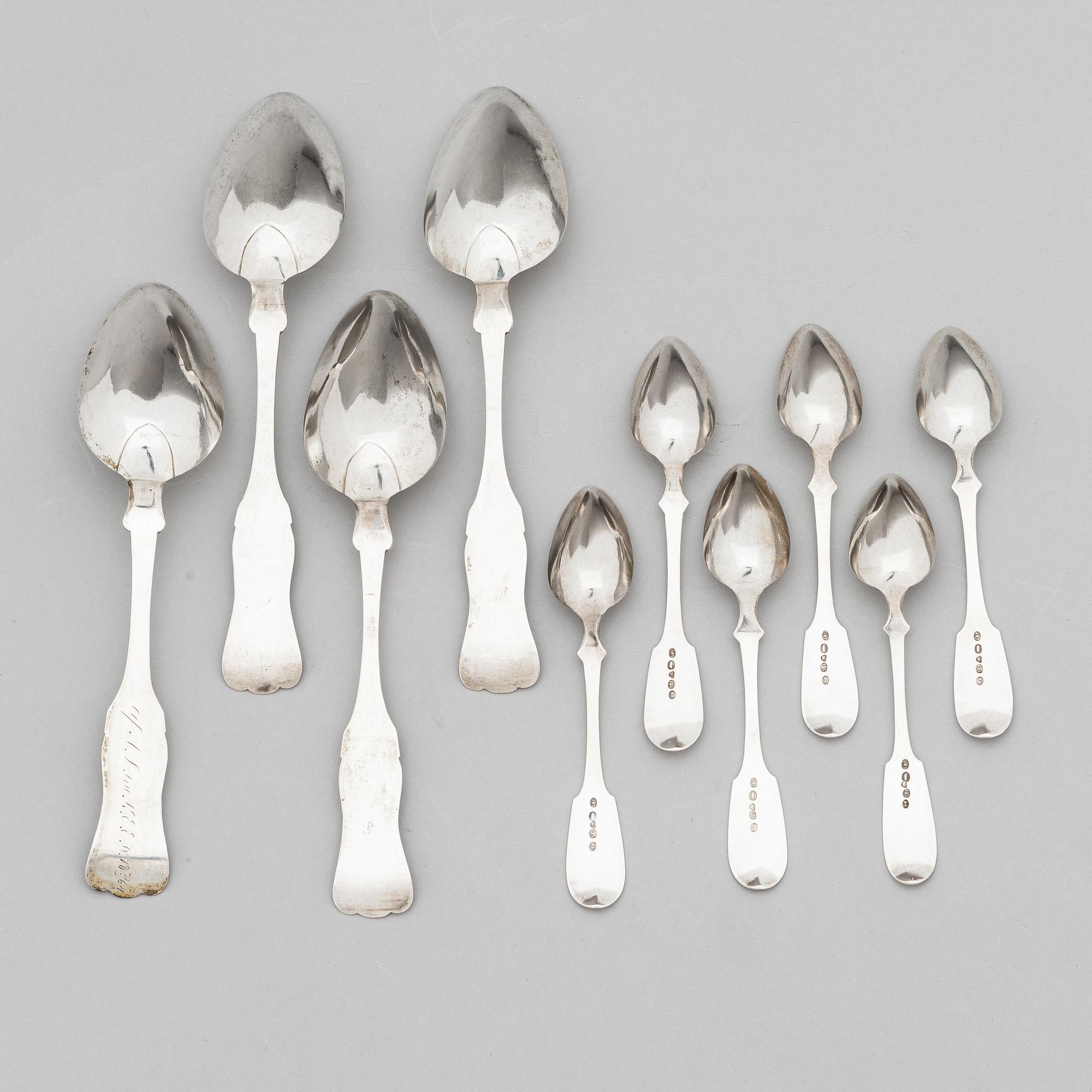 Finnish, 19th-century silver dinner and teaspoons, ten pieces, Jakobstad 1862 and Helsinki 1883.