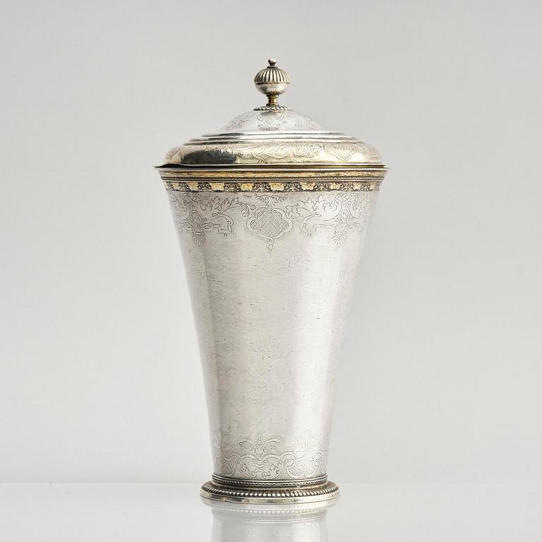 A Swedish late Baroque parcel-gilt silver beaker pl and cover, mark of Anders Limnell, Linköping 1740.