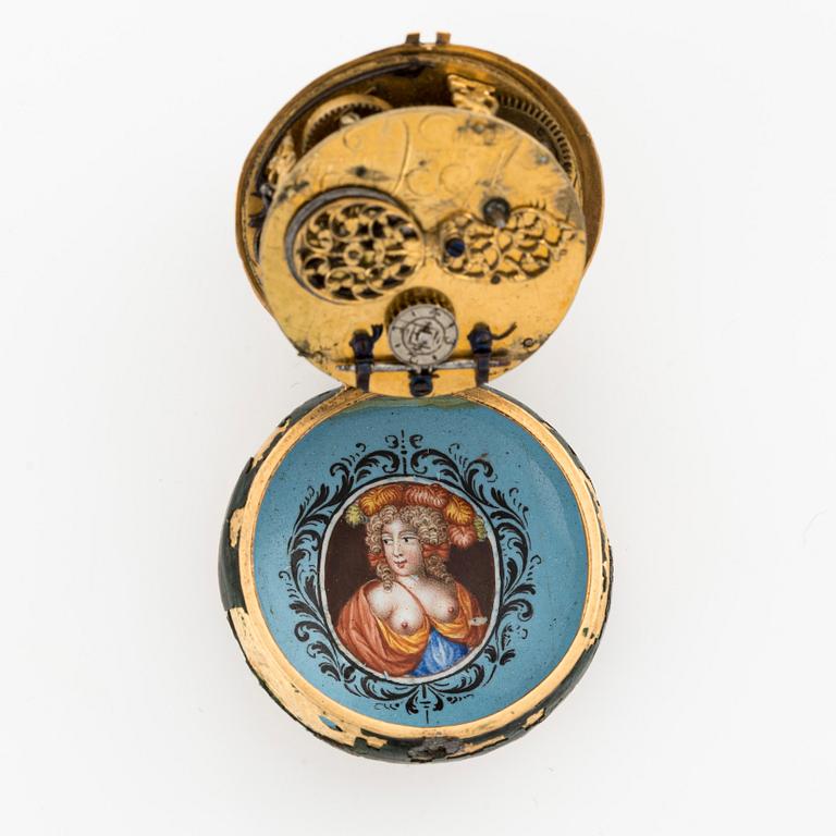 Abraham Cailliatte, a 17th century gold and enamel pocket watch, the case attributed to Pierre I Huaud.