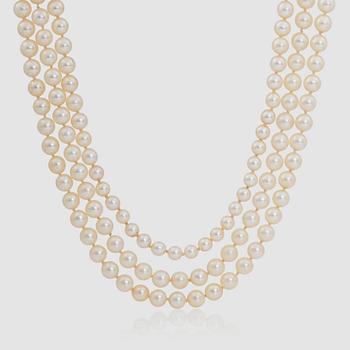 1241. A 3-strand cultured pearl necklace. Ø ca 5.5 - 7 mm.