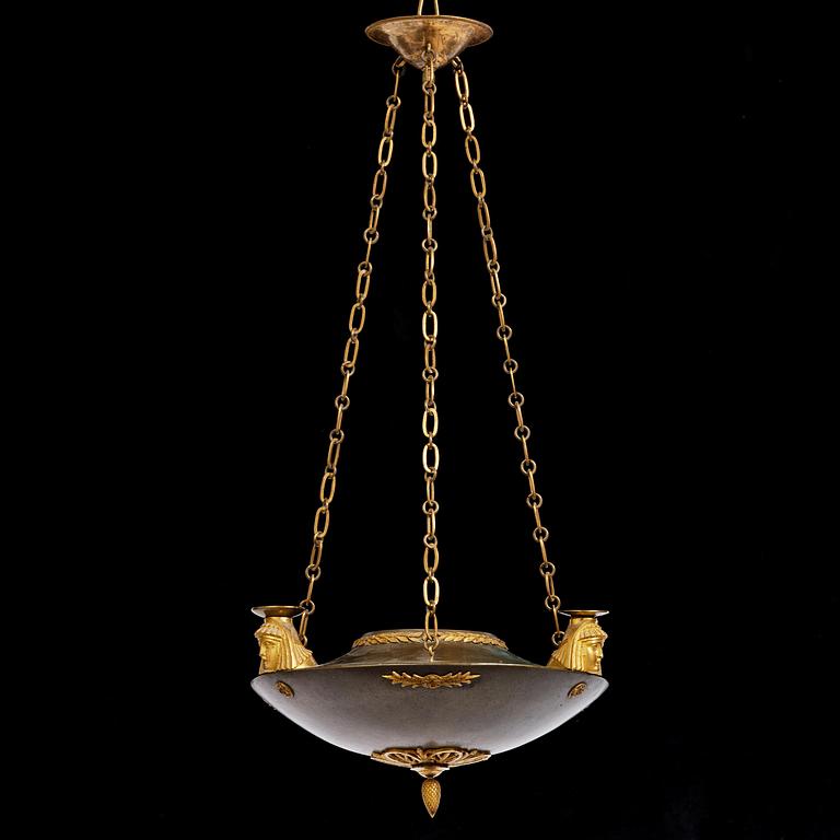 A Swedish Empire 19th century three-light hanging-lamp.