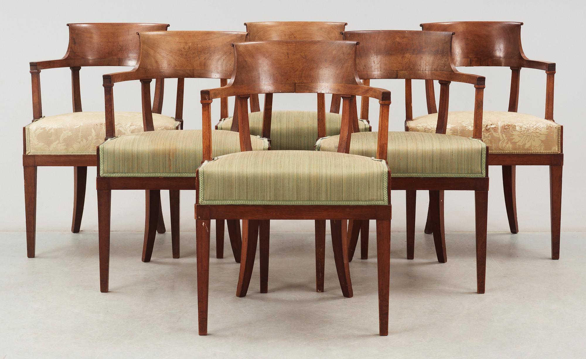 Six Swedish Empire 19th century armchairs.