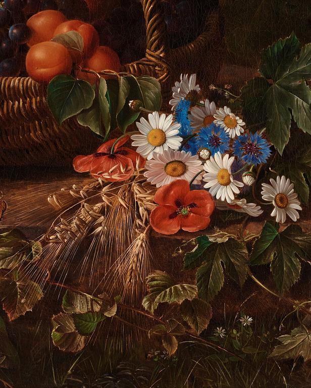 Johan Laurentz Jensen, Still life with daisies, cornflowers, hollyhocks, rowan berries, poppies and a fruit basket.