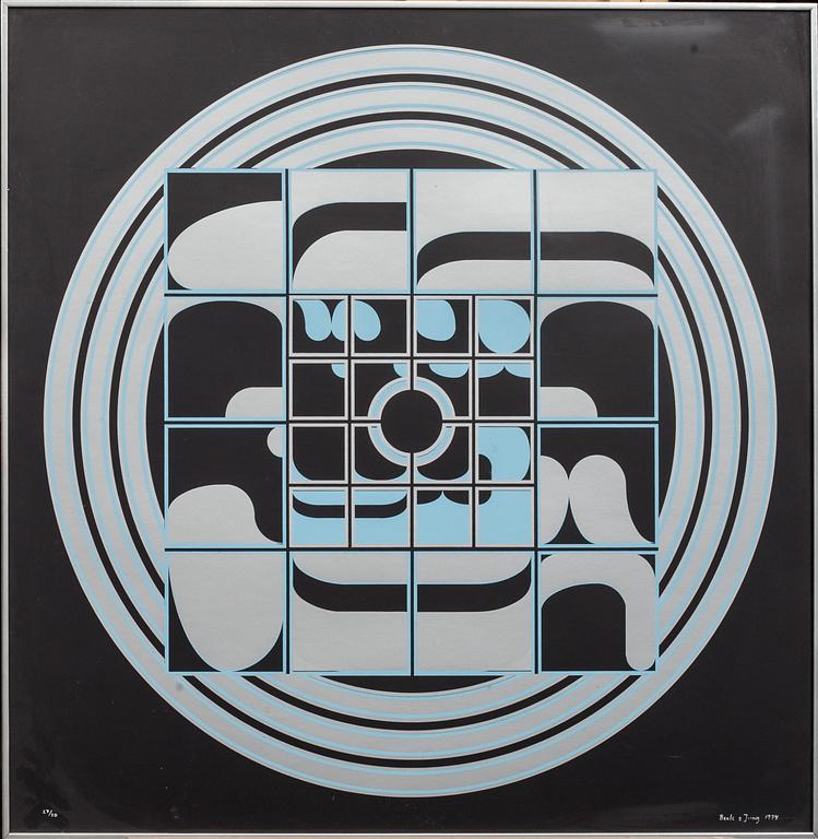 BECK & JUNG, 2 st. (HOLGER BÄCKSTRÖM & BO LJUNGBERG),  färgserigrafi, signerade o numrerade, daterade 1974.