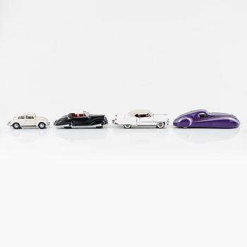 Four die cast model cars and four die cast model motor bikes, Franklin Mint.
