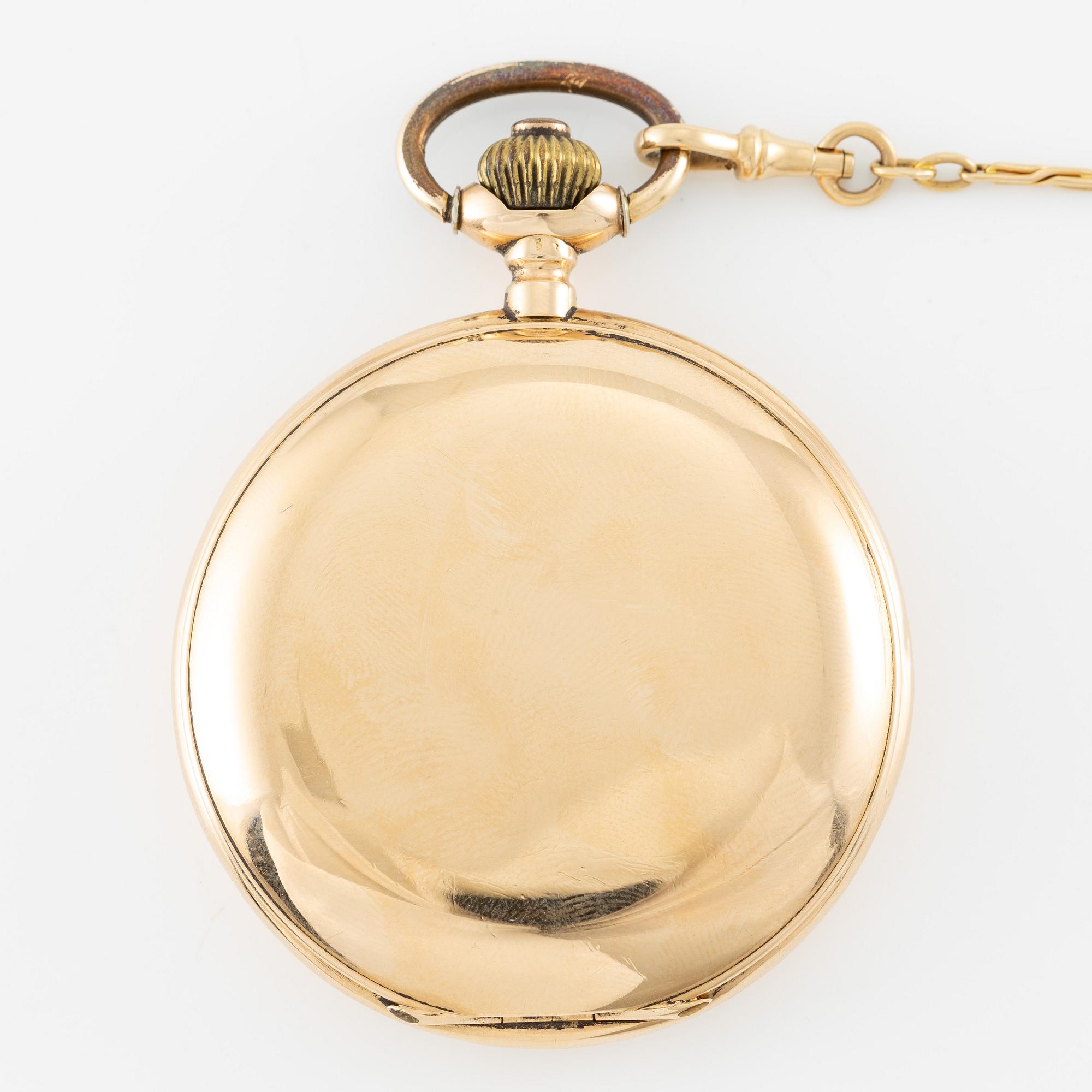 Grosjean Freres, pocket watch, 18K gold, hunter, chain in 18K gold, 53 mm.