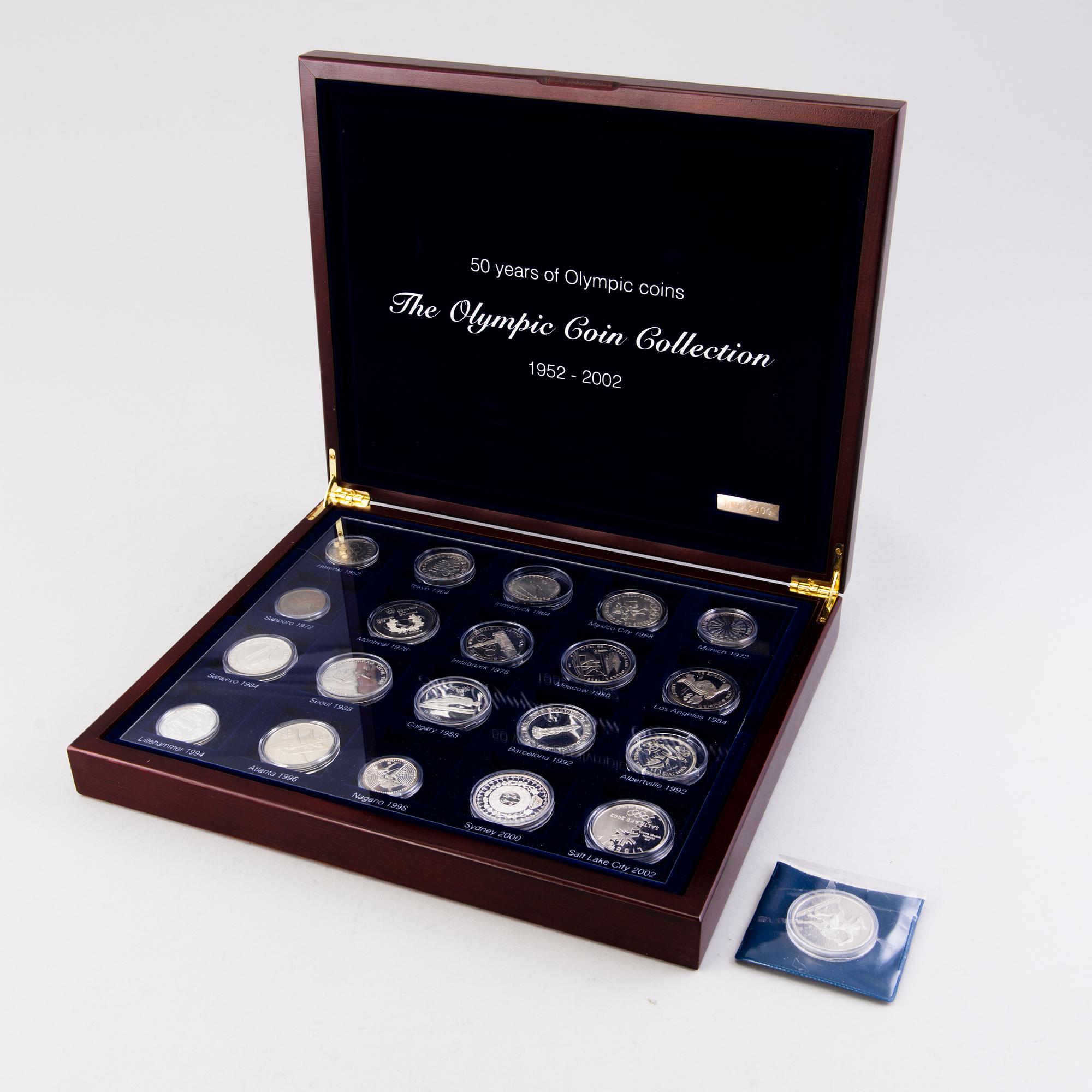 Set of Olympic coins, 21 pcs, partly silver, Olympic Coin Collection 1952-2002 boxed set and Athens 2004.