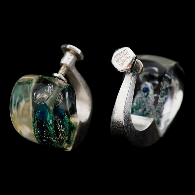 Björn Weckström, A PAIR OF EARRINGS, "Mikronit", silver, acrylic. Lapponia 1974.