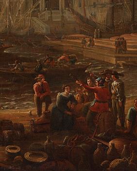 Hamnbild med Villa Medici och handelsmän.