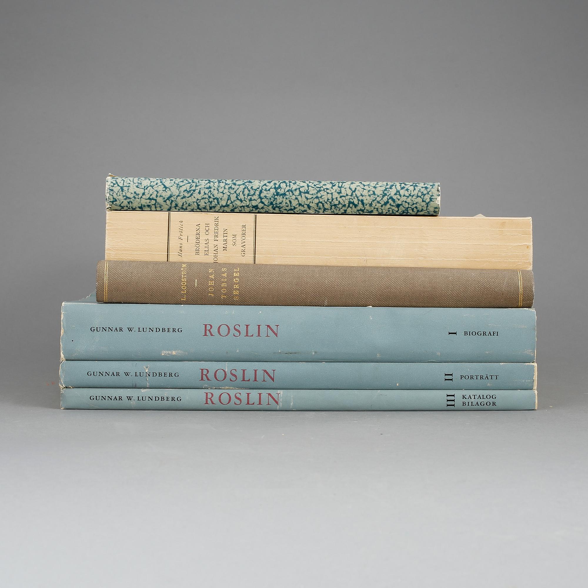 BÖCKER OM SVENSKA 1700-TALSKONSTNÄRER, 6 vol, bla Roslin, 1-3, av Lundberg, 1957.