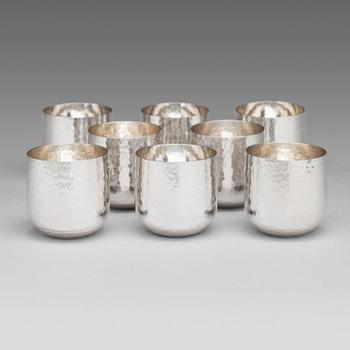 Tapio Wirkkala, An 8-piece set of silver beakers, marked TW, Kultakeskus oy, Hämeenlinna, Finland 2002 and 2009.