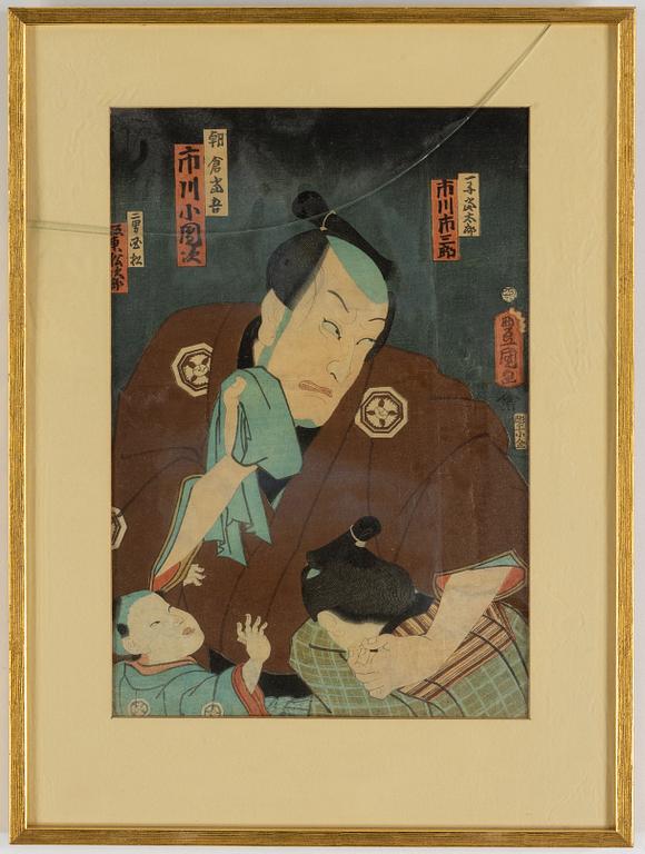 Kunichika and Toyokuni III, three coloured woodblock prints, Japan, 19th century.