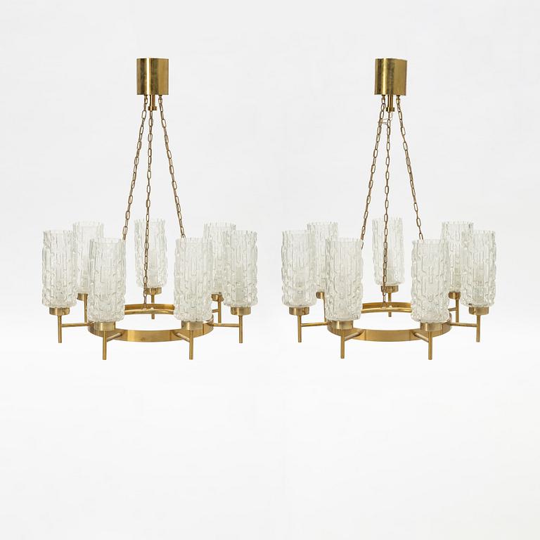 A glass and brass ceiling light, mid 20th Century.