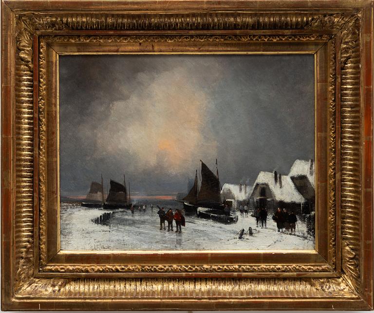 English school, 19th century, Figures on frozen canal.