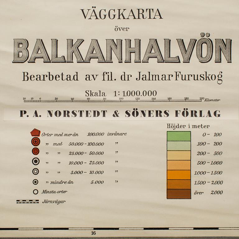 SKOLKARTA, "Balkanhalvöarna", Columbus verlag/P.A Norstedts och Söner, 1920/30-tal.