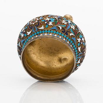 A Russian cloisonné enamelled gilt silver salt cellar, maker's mark of Nikolay Alekseyev, Moscow ca. 1900.