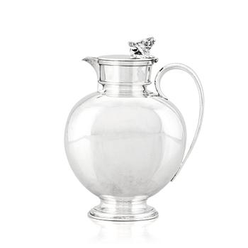 An English silver jug with lid, makers mark Hunt & Roskell Late Storr & Mortimer, London 1881.