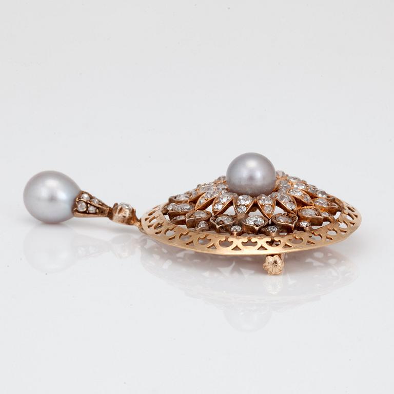 A natural saltwater pearl and old-and antique-cut diamond brooch.